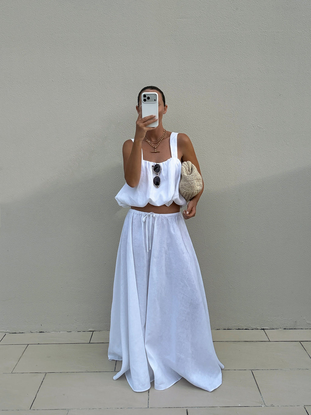 RAVELLO WHITE LINEN MIDI SKIRT