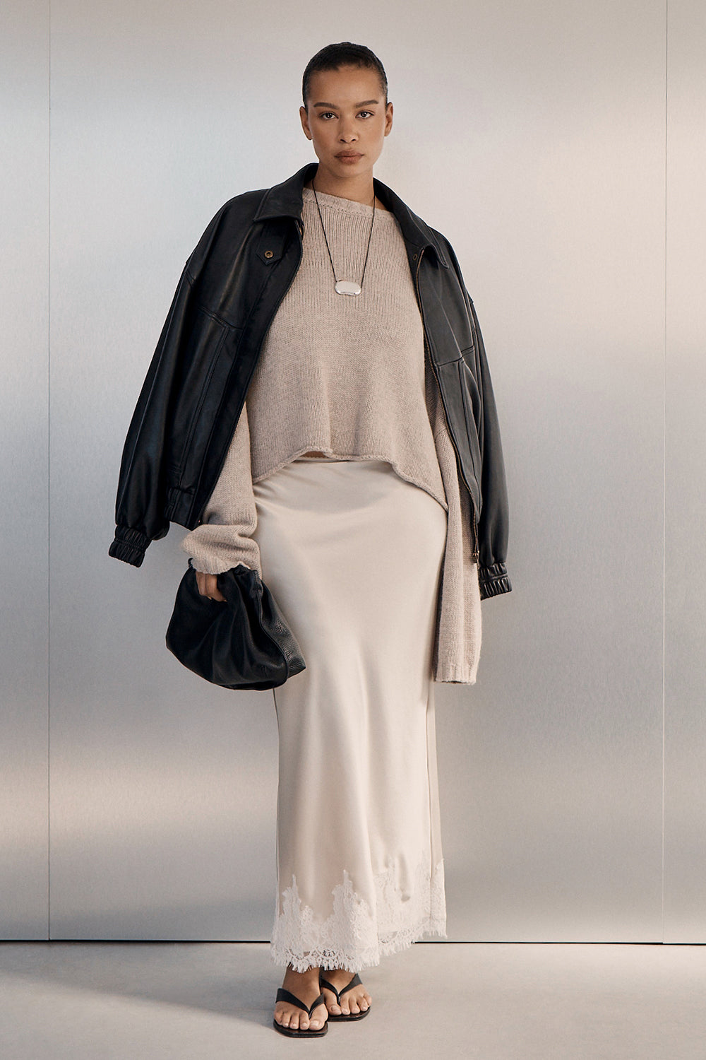 SELENE OYSTER SATIN MIDI SKIRT
