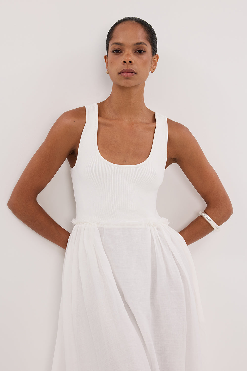 APRIL WHITE HYBRID KNIT MIDI DRESS