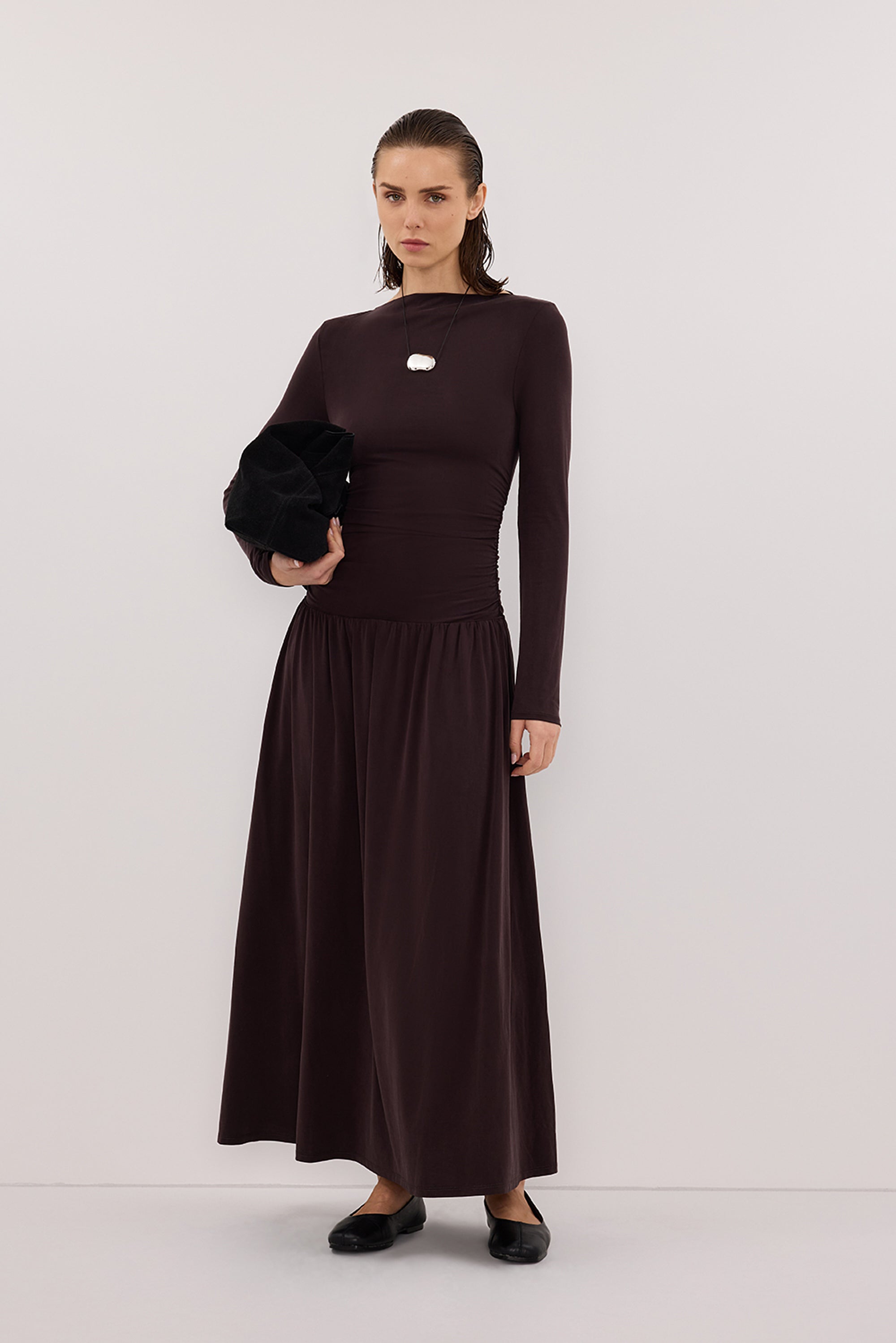 MEG BURNT CHOC LONG SLEEVE KNIT MIDI DRESS