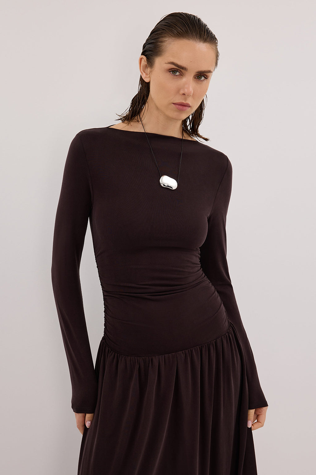 MEG BURNT CHOC LONG SLEEVE KNIT MIDI DRESS