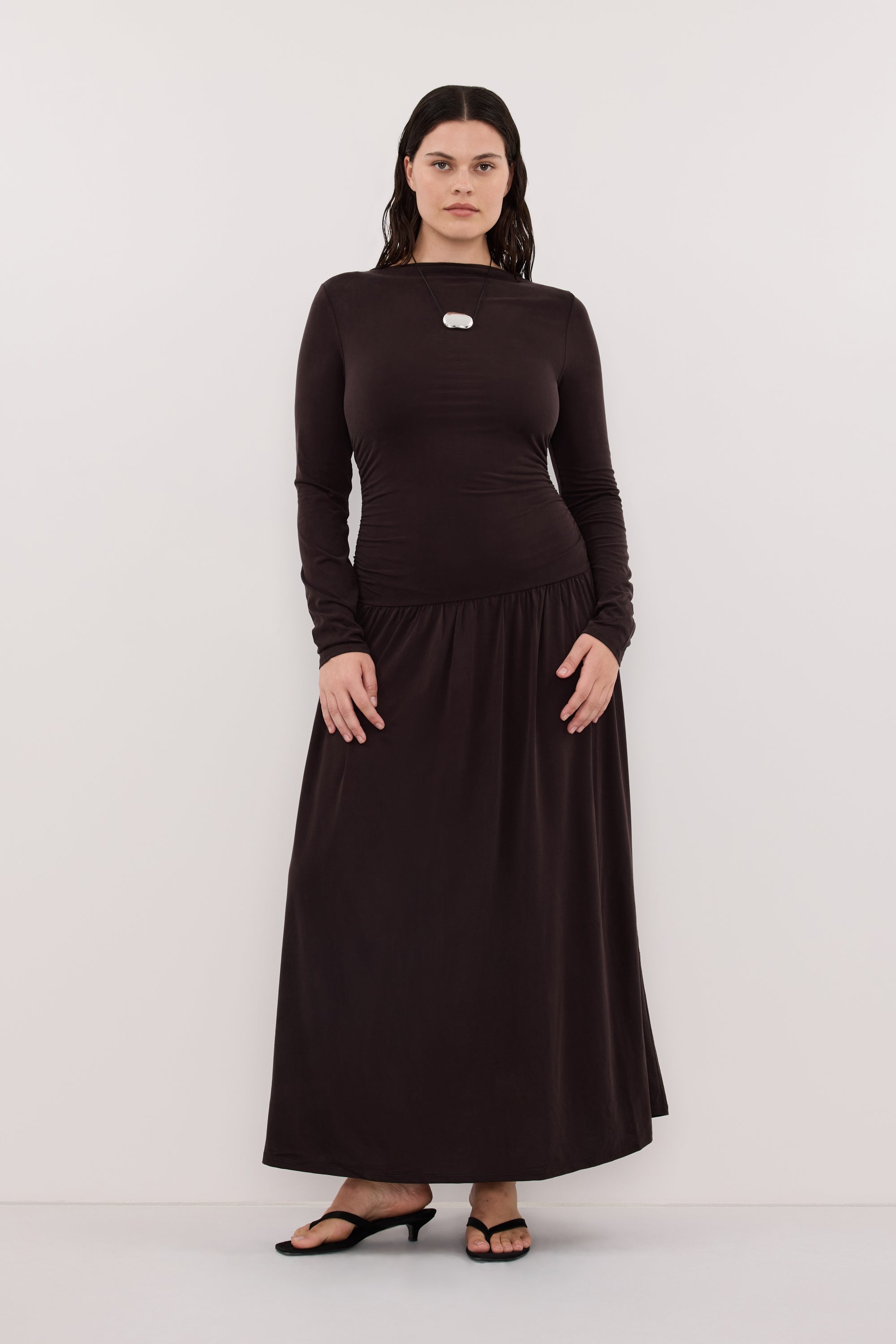 MEG BURNT CHOC LONG SLEEVE KNIT MIDI DRESS