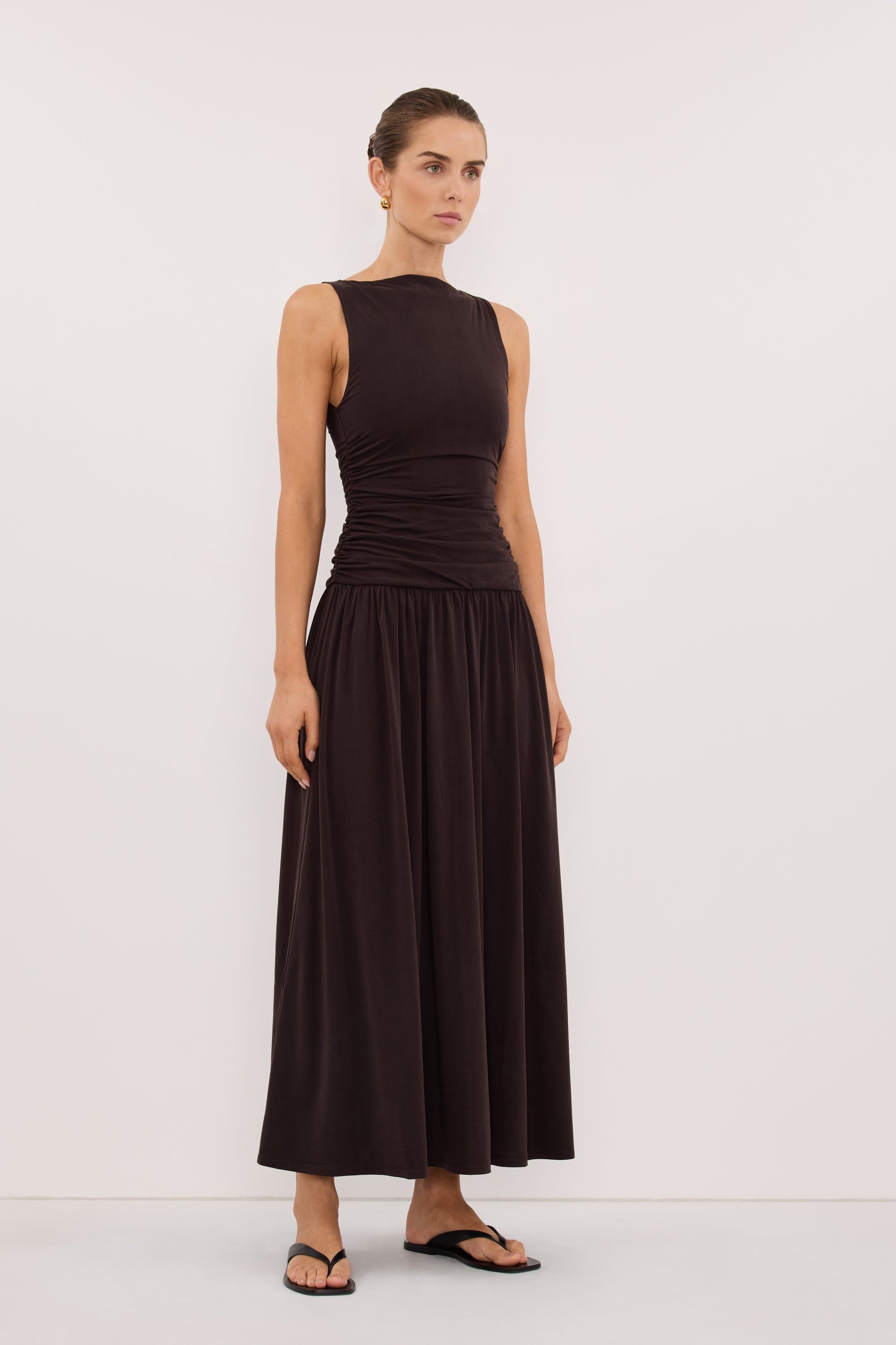 MEG BURNT CHOC SLEEVELESS KNIT MIDI DRESS