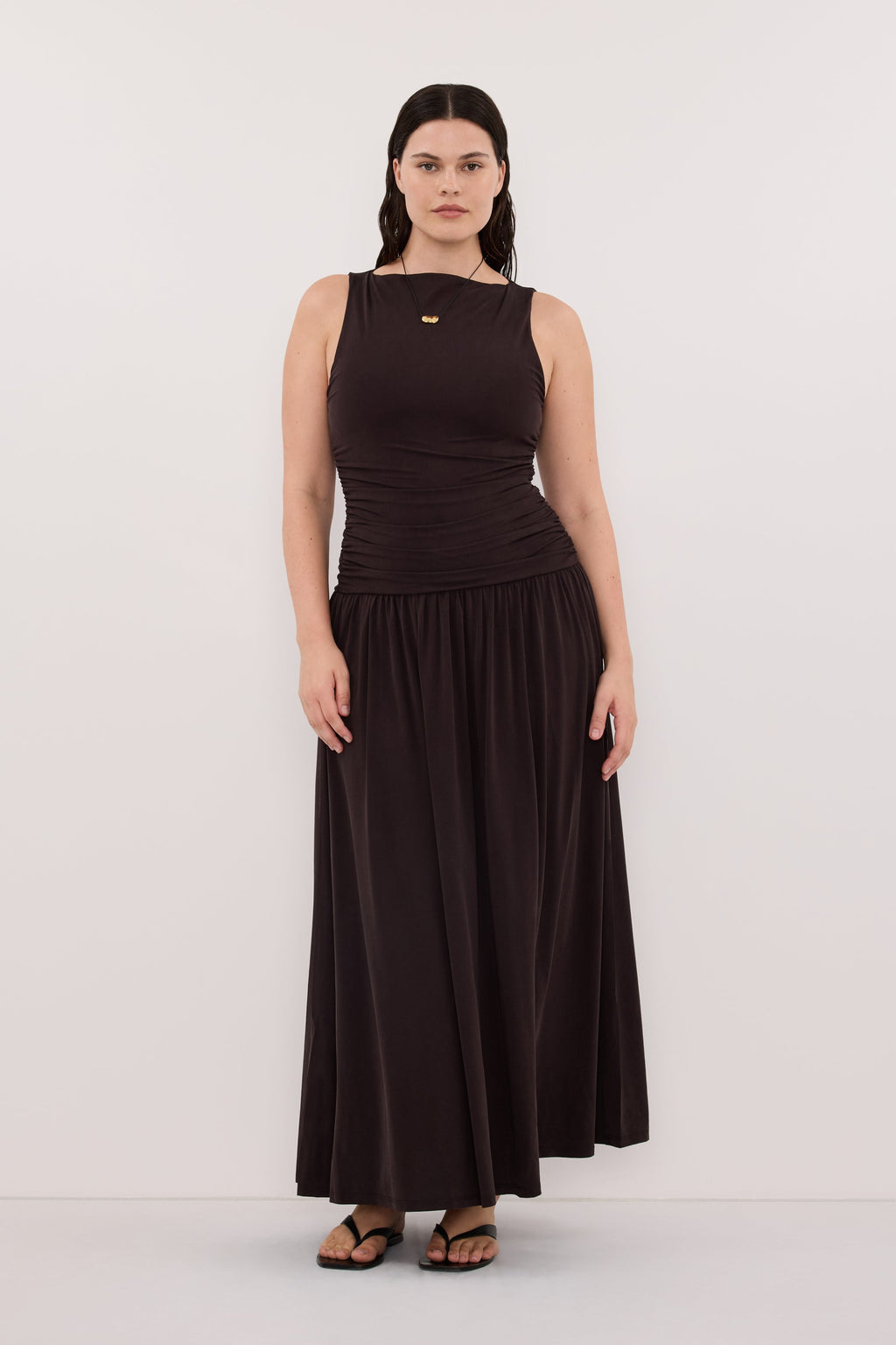 MEG BURNT CHOC SLEEVELESS KNIT MIDI DRESS