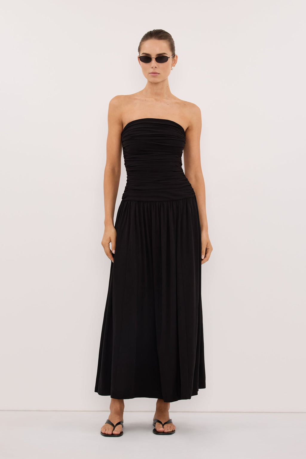SHARI BLACK STRAPLESS BANDEAU MIDI DRESS