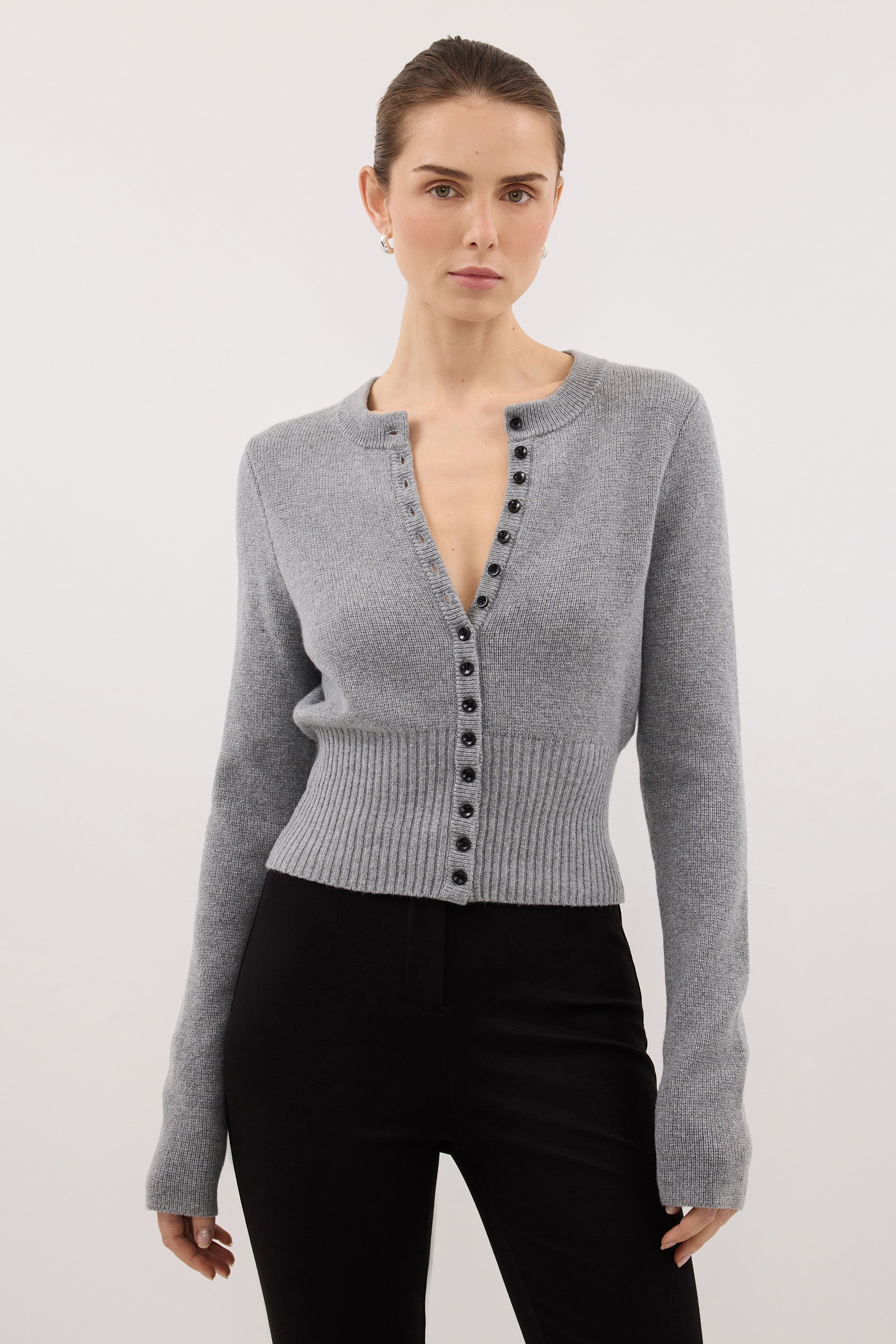 IRIS GREY MARLE CREW KNIT CARDIGAN