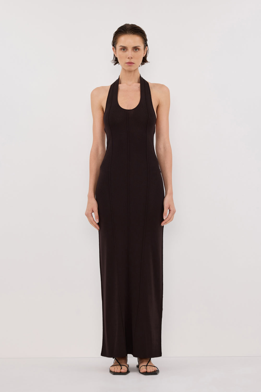 LISS BITTER CHOC HALTER MAXI DRESS