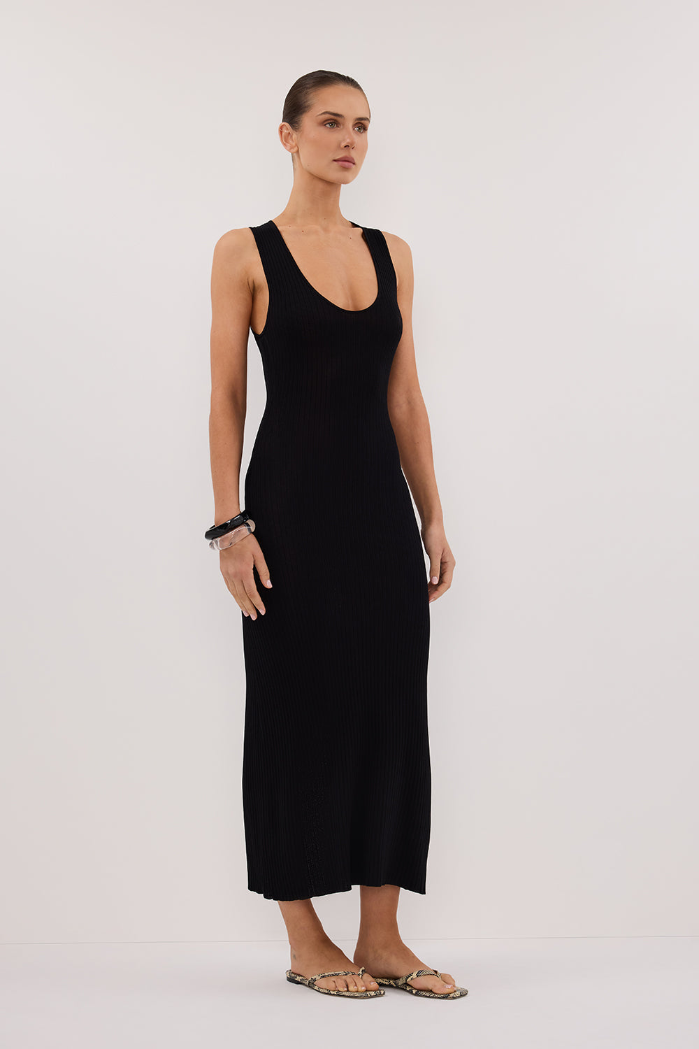 EVE BLACK SCOOP KNIT MIDI DRESS