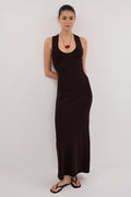DEVIN BITTER CHOC RACER KNIT MIDI DRESS
