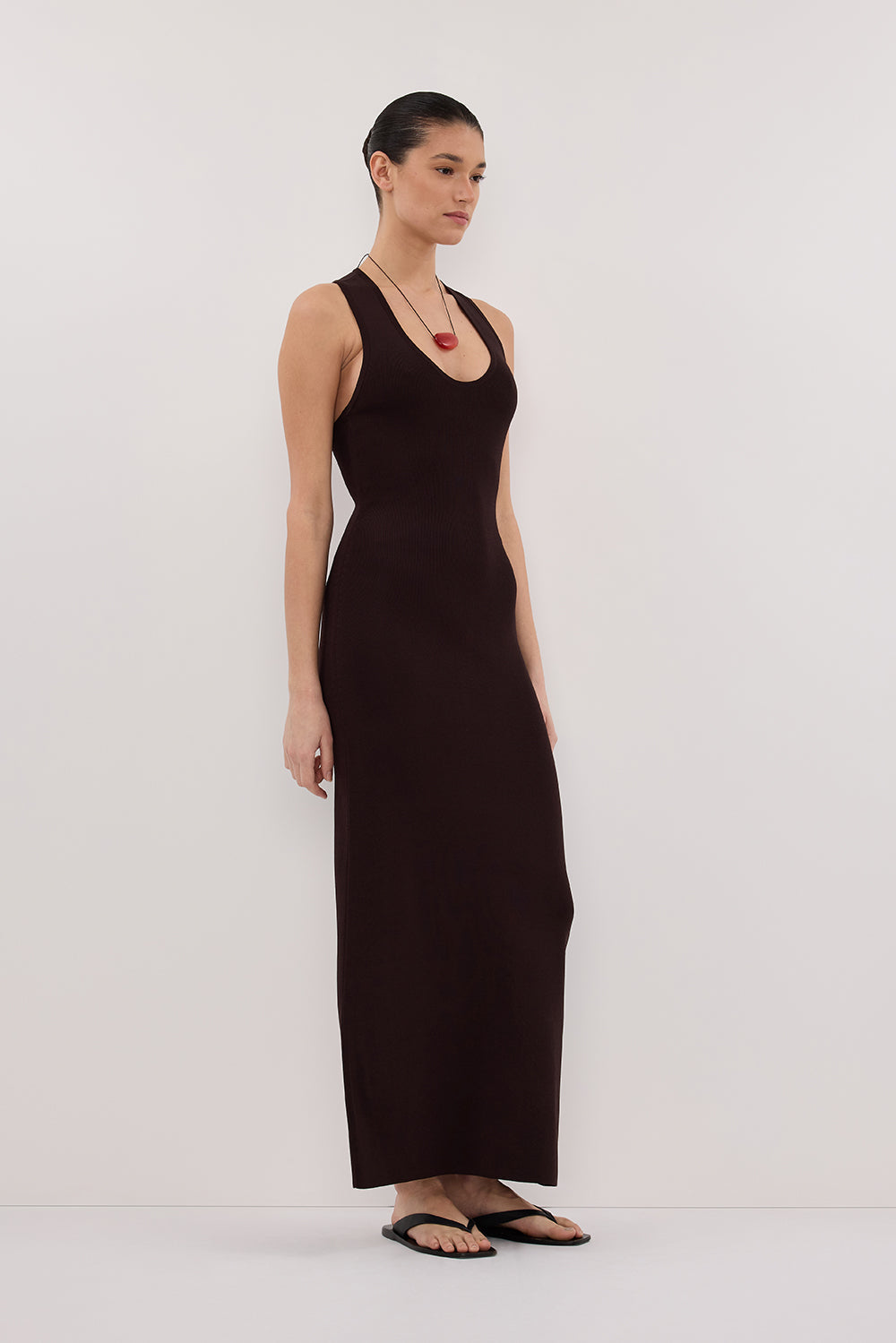 DEVIN BITTER CHOC RACER KNIT MIDI DRESS