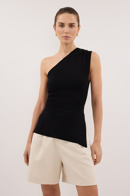BRYNN BLACK ONE SHOULDER KNIT TOP