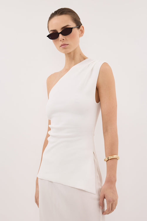 BRYNN OFF WHITE ONE SHOULDER KNIT TOP