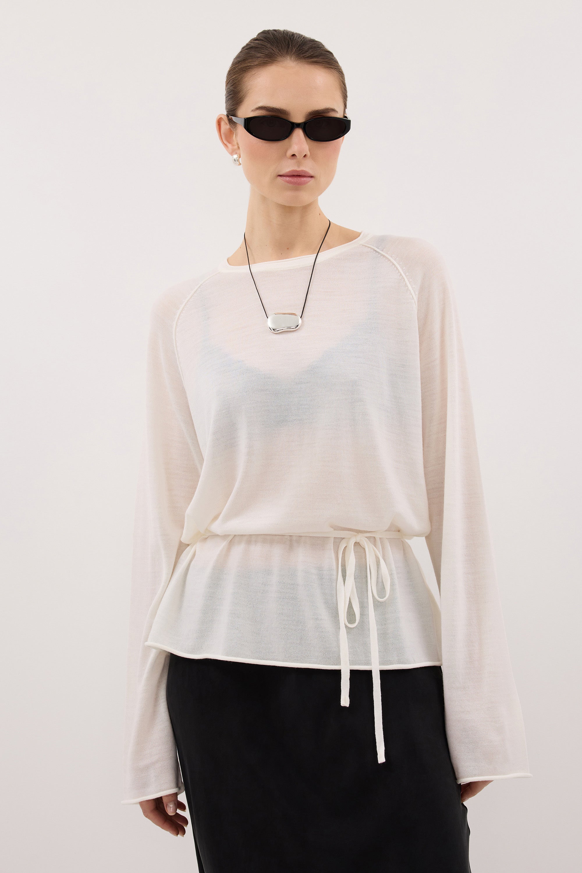 DUKE OFF WHITE TIE MERINO KNIT TOP