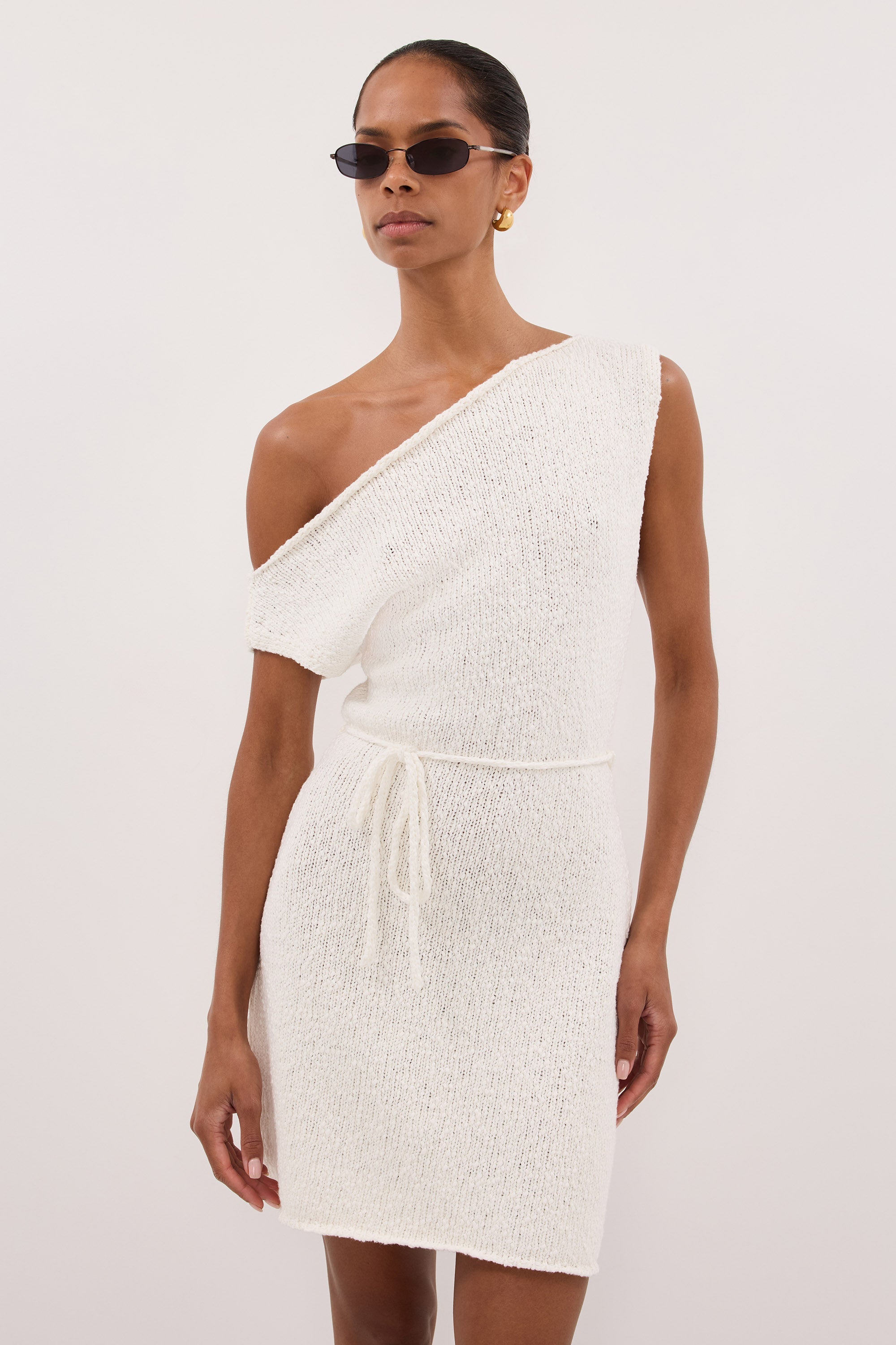 DINA OFF WHITE ASYM KNIT MINI DRESS